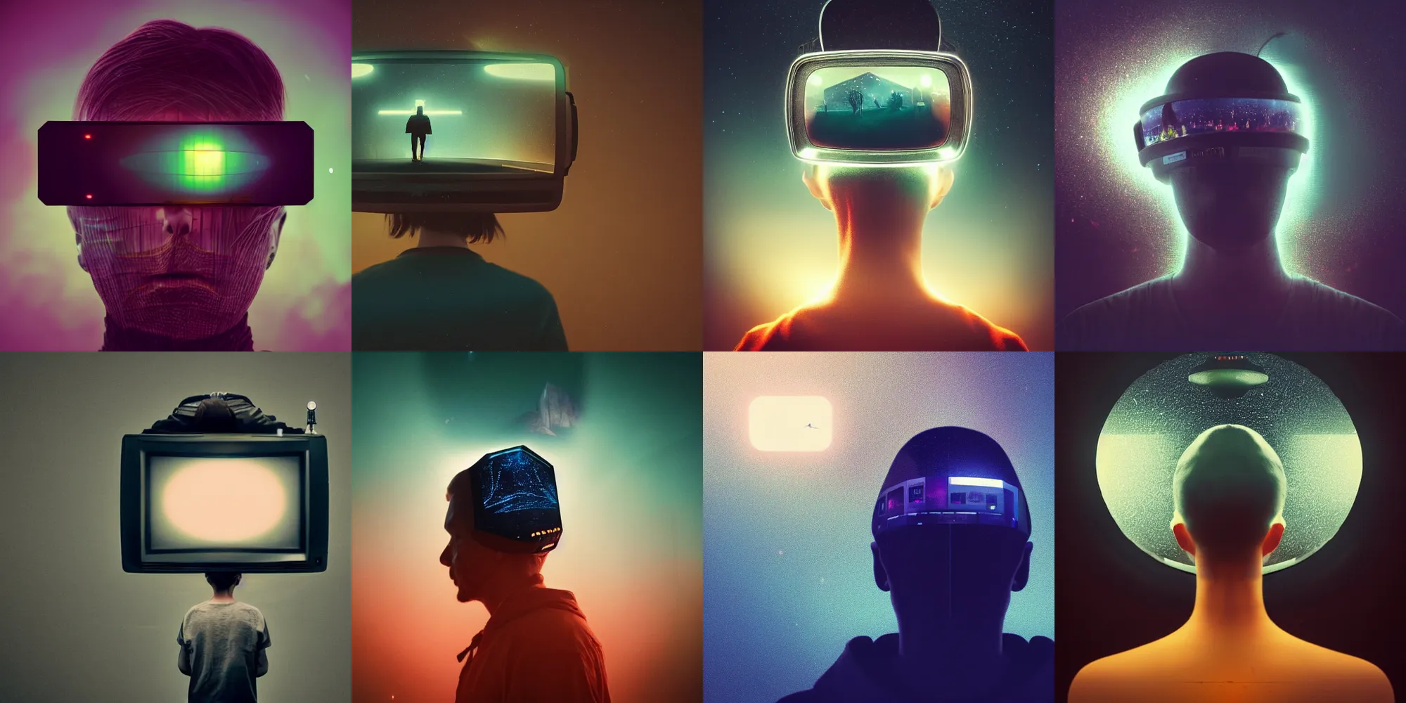 Prompt: beautiful dark landscape, person wearing old television on head, in the style of beeple and Mike Winkelmann, intricate, epic lighting, cinematic composition, hyper realistic, 8k resolution,