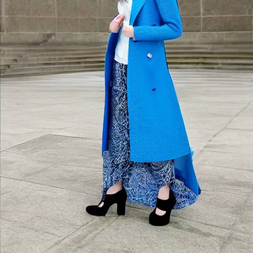Image similar to fashion 2 0 5 0 fantastic openwork long coat with intricate pattern on a beautiful symmetrical girl with blue hair, hyper realistic photos