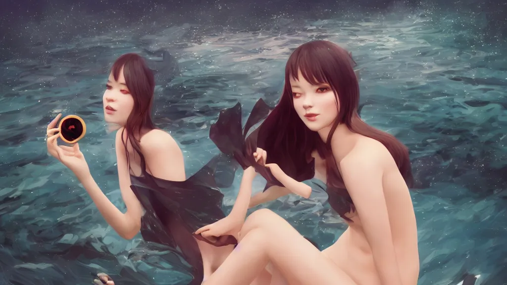 Image similar to whimsical, beautiful alluring women, wearing professional makeup, standing in a lake, playing, under a binary black hole with a ring, by Ilya Kuvshinov, by Steve Argyle, by artgerm, by Studio Ghibli, face enhance, volumetric lighting, 4k resolution, octane render, trending on artstation