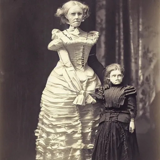 Image similar to portrait of a life size victorian female robot standing in with a human child in her care, 8 k, soft lighting, highly detailed realistic, face in focus 1 8 9 0's photography