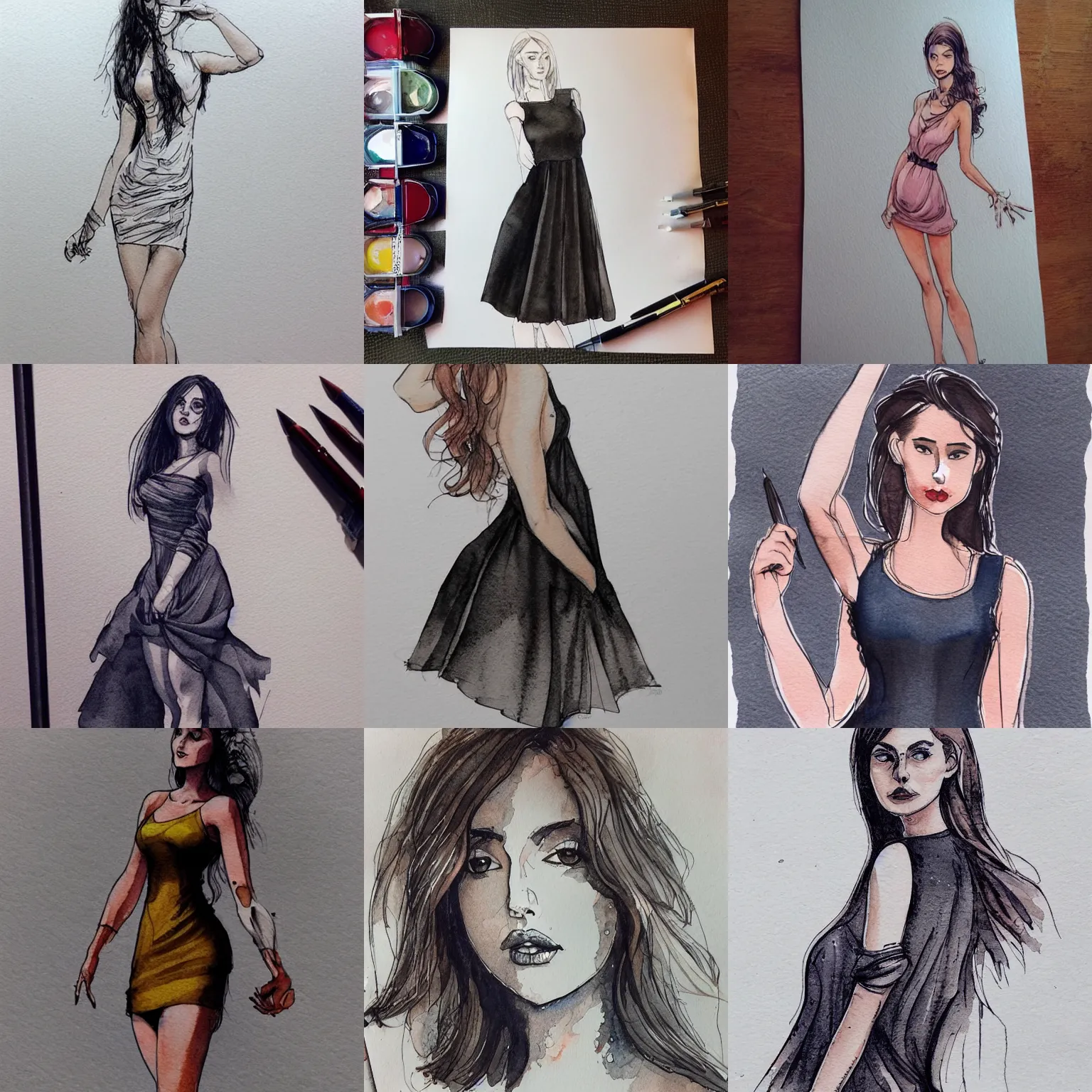 Prompt: beautiful aesthetic inspirational masterful professional ink pen and watercolor sketch of a italian girl posing in minidress, marvel style, concept art, fine details, trending on artstation, high quality paper, instagram photo