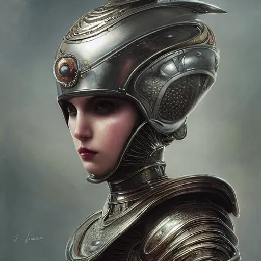 Prompt: tom bagshaw, curiosities carnival metal cables, photorealistic medium shot soft paint of a single beautiful female full long futuristic metallic armor ornate helmet, face, accurate features, focus, very intricate ultrafine details, award winning masterpiece