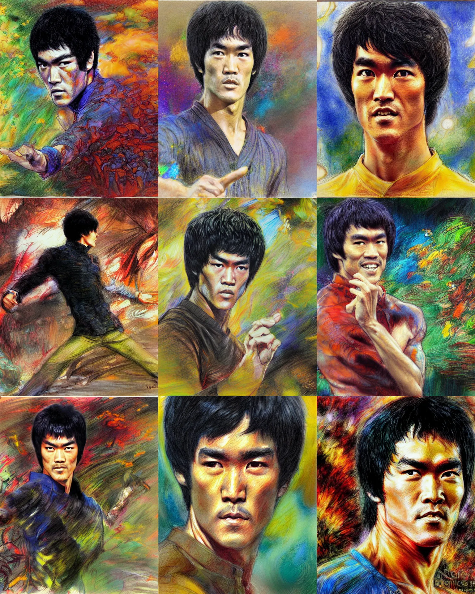 Prompt: bruce lee, psychedelic colored pencil sketch plein air portrait painting by richard schmid, thomas moran, john william waterhouse, studio ghibli, donato giancola,