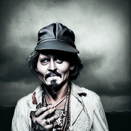 Prompt: portrait of mischievous, dangerous old Johnny Depp, smiling as a queen of fairies, dressed in a worn out silver dress, wearing a baseball cap. The background is a dark, creepy Middle eastern desert. night, horroristic shadows, high contrasts, lumnious, foggy effect, photorealistic, dreamlike, mist filters, theatrical, oil canvas art by Henry Meynell Rheam and Cesare Saccaggi