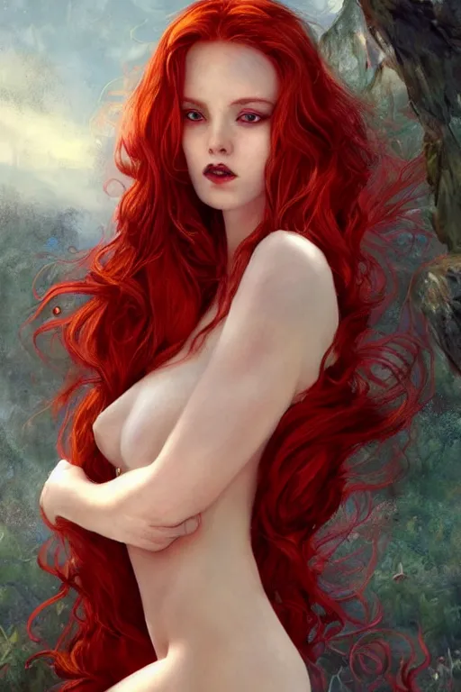 Prompt: a beautiful young woman with red hair, fantasy, intricate, elegant, dramatic lighting, highly detailed, lifelike, photorealistic, digital painting, artstation, beautiful woman, gorgeous face, sexy gown, illustration, concept art, smooth, sharp focus, art by John Collier and Albert Aublet and Krenz Cushart and Artem Demura and Alphonse Mucha