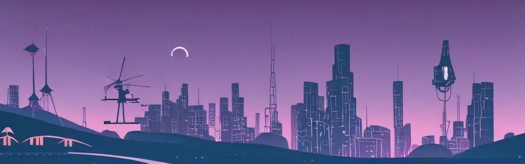 Prompt: sci - fi city night scene with moon and helicopter in the sky, red and purple tone, modernism, gouache, trees, animated film, stylised, illustration, by eyvind earle, scott wills, genndy tartakovski