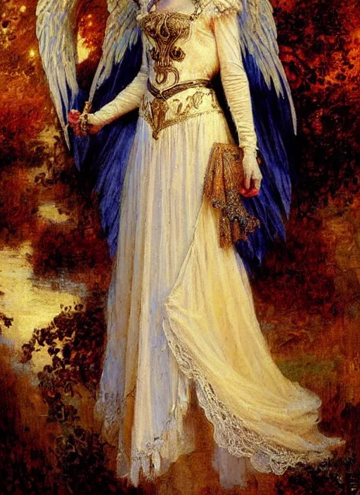 Image similar to vertical prtrait of an angel knight gothic girl, baroque dress. by gaston bussiere