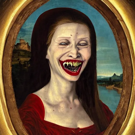 Image similar to an oil painting of an extremely ugly pale vampire woman smiling with skin condition in expensive renaissance dress, Renaissance painting, Renaissance Port City background, vampire teeth, 1450, holding paper fan