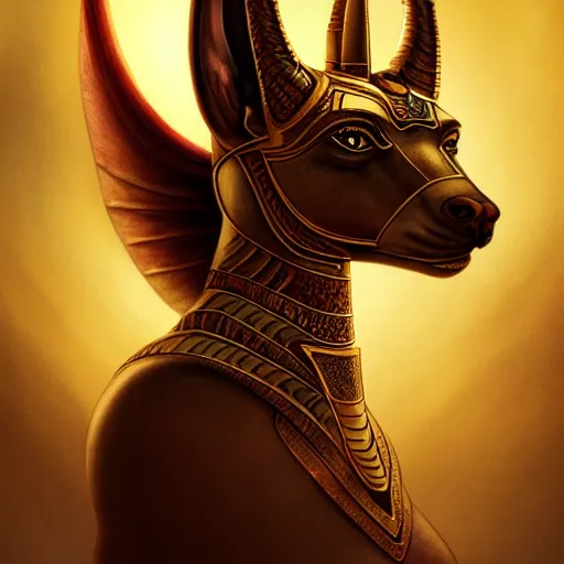 Image similar to majestic gracious regal female anubis warrior portrait, ancient egypt, atmospheric lighting, painted, menacing, intricate, volumetric lighting, beautiful, rich deep colours masterpiece, golden hour, golden ratio, sharp focus, ultra detailed, by leesha hannigan, ross tran, thierry doizon, kai carpenter, ignacio fernandez rios