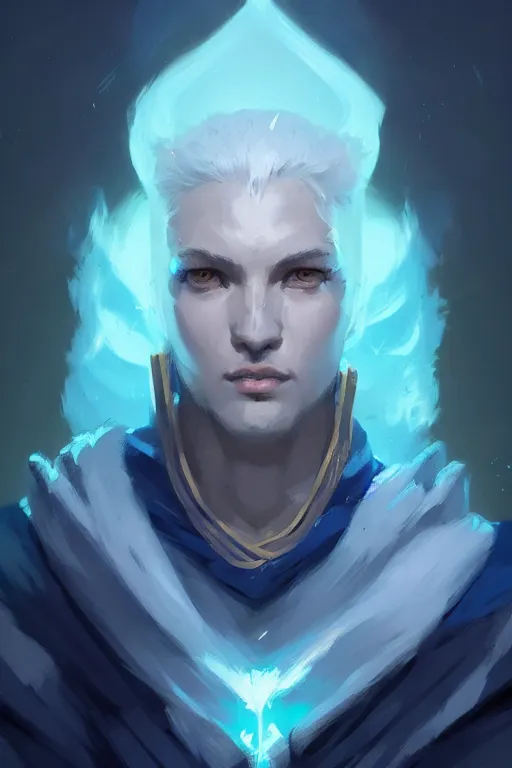 Prompt: portrait of a blue genasi tempest priest by Greg Rutkowski, d&d character, gradient white to cyan, blue ocean, highly detailed portrait, digital painting, artstation, concept art, smooth, sharp foccus ilustration, Artstation HQ