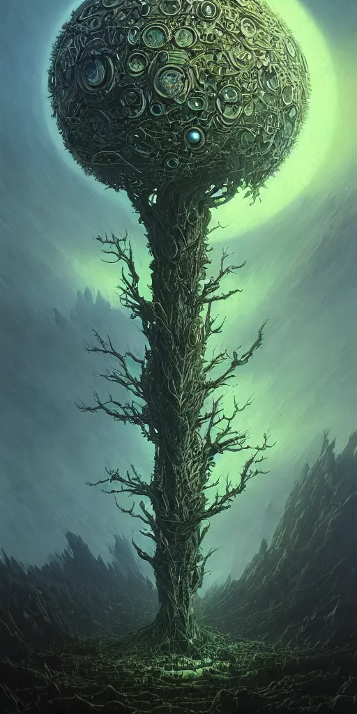 Prompt: landscape, cyberpunk alien tree of life, cyberpunk, leds, bionics, augments, sci fi, horror, monstrous, highly detailed, complex, intricate, matte painting, cinematic, by rhads and mohrbacher and zdzislaw beksinski and akira,