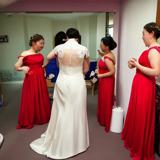 Prompt: professional fun souvenir photograph of a wedding dress fitting session. the bride is in the center of the photo.