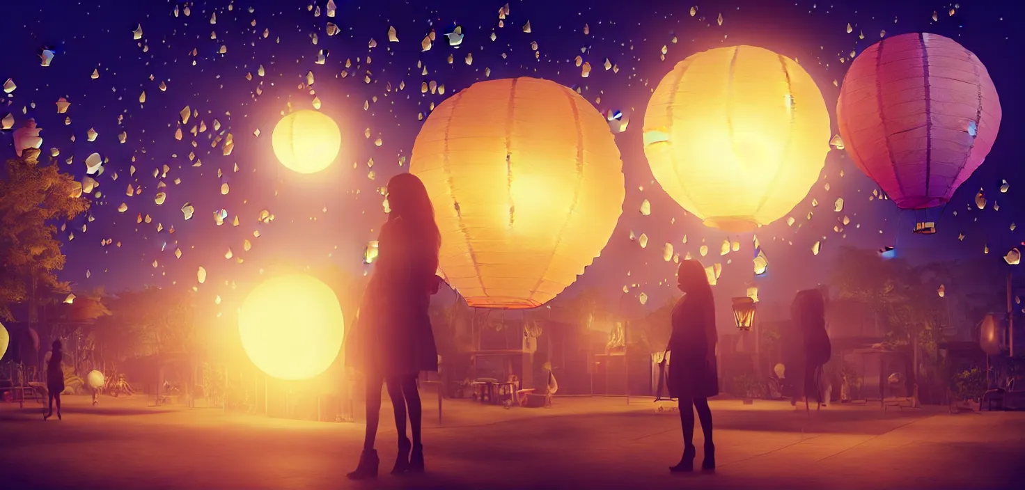 Image similar to mystical scene floating lanterns. portrait woman on the background a hot air balloon in the middle neon lights | | sunny night, full moon, dreamlike art, realistic shaded, smile, good looking, hyper details, 4 k realistic, cryengine, realistic shaded lighting poster by artgerm, ross tran, fuji choko, 8 k resolution, trending on artstation, luxury