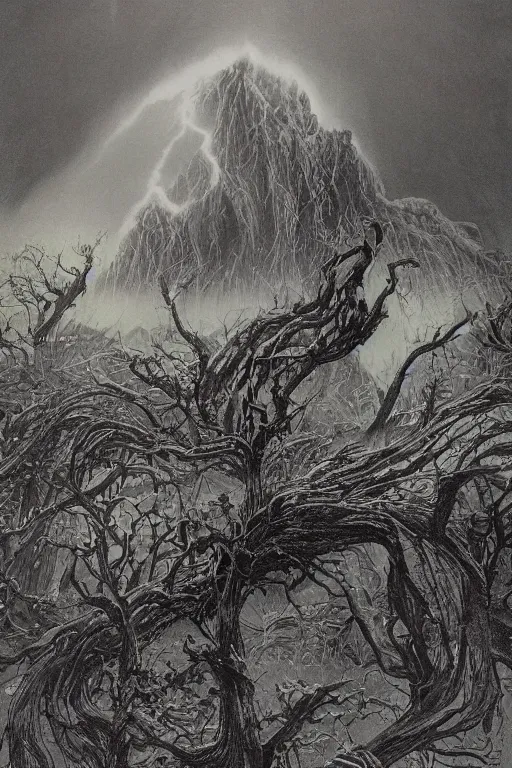 Image similar to The storms extol our ancient glory, great mounds feed us power from the sacred earth, intricate, elegant, digital mixed media painting, concept art, smooth, sharp focus, illustration, from 1961, by Bill sienkliewicz, Moebius and Stephen Gammell