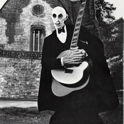 Image similar to vintage photograph of count orlok outside his castle, playing the blues on guitar, castle in the background, 4 k