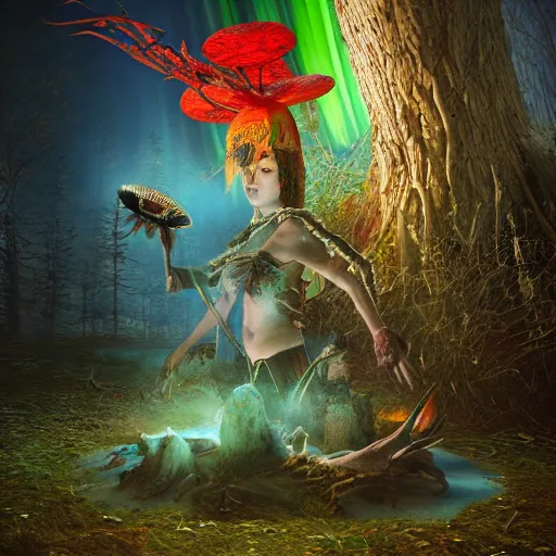 Prompt: amanita shaman playing frame drume to invoke spirits, northern light, visionary painting masterpiece, realistic, highly detailed, octane render