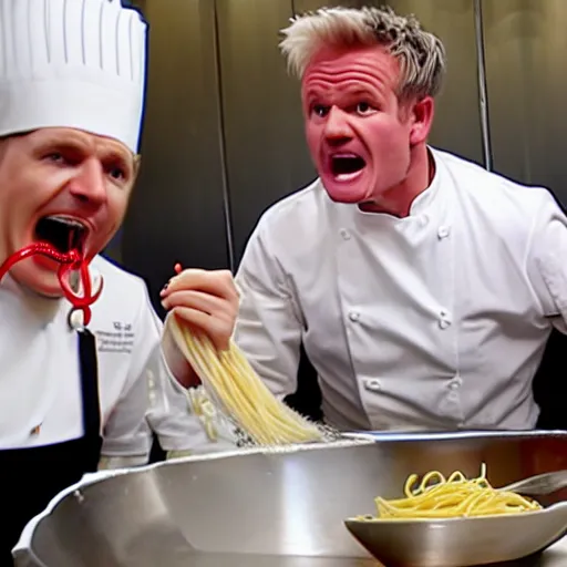 Image similar to < photo hd trending > gordon ramsey literally foaming at the mouth with hunger after seeing a gigantic bowl of spaghetti < / photo >