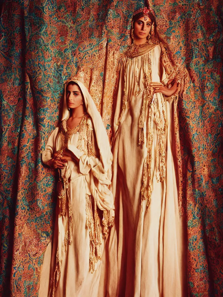 Prompt: Portrait of an ancient young Persian Princess wearing a Kaftan shot by Annie Leibovitz with Kodak Professional Portra 400 film stock,