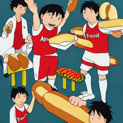 Prompt: a painting portrait of arsenal players eating hot dogs, studio ghibli,