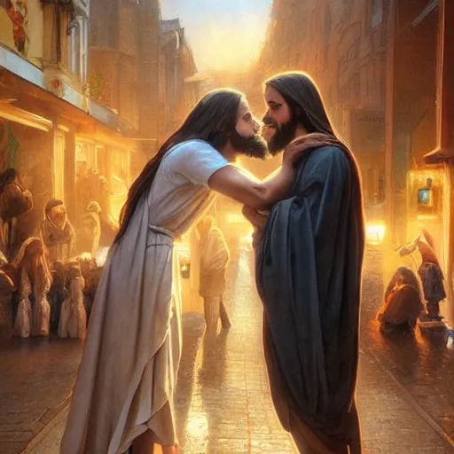 Image similar to jesus kissing a woman in a street, elegant, highly detailed, digital painting, artstation, concept art, matte, sharp focus, highly detailed, 4 k, hdr, smooth, sharp focus, high resolution, award - winning photo, photorealistic, art by artgerm and greg rutkowski and alphonse mucha, large shot