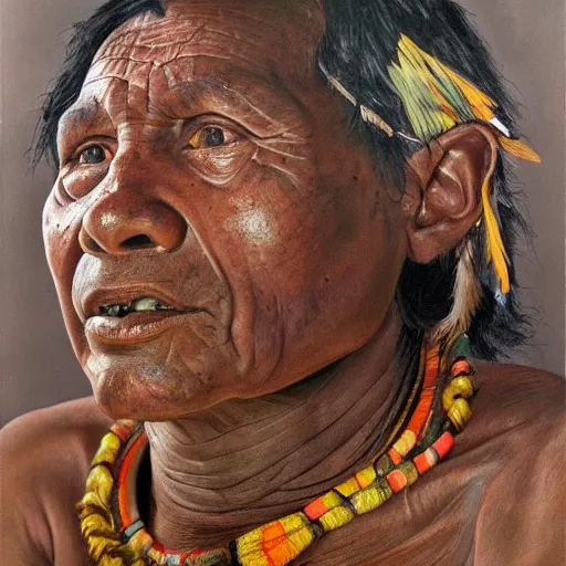 Image similar to high quality high detail painting by lucian freud, hd, full body of a indigenous tribe leader, photorealistic lighting