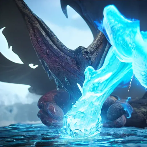 Image similar to the soul of a water dragon being released by a blue elemental sword, octane render, unreal engine, cryengine, 3D, !!!award-winning!!!