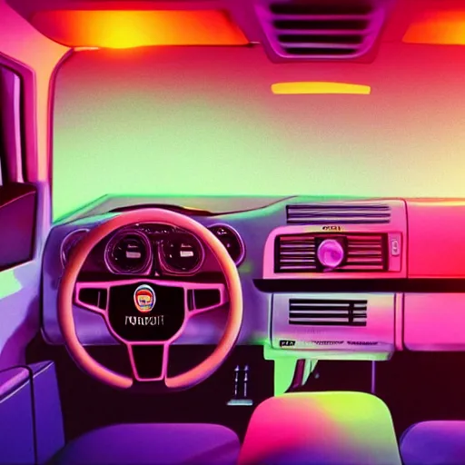 Image similar to 9 0 s fiat panda interior at night, with neon lights in the background, artstation, 3 5 mm, vaporwave