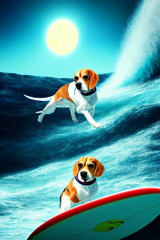 Prompt: beagle dog surfing a surfboard on a sparkly crashing wave of alien ocean in space, background is a moon in nebula, aliens in the background, alien neon colors, octane render, unreal engine, wide view, 8 k, highdetaild