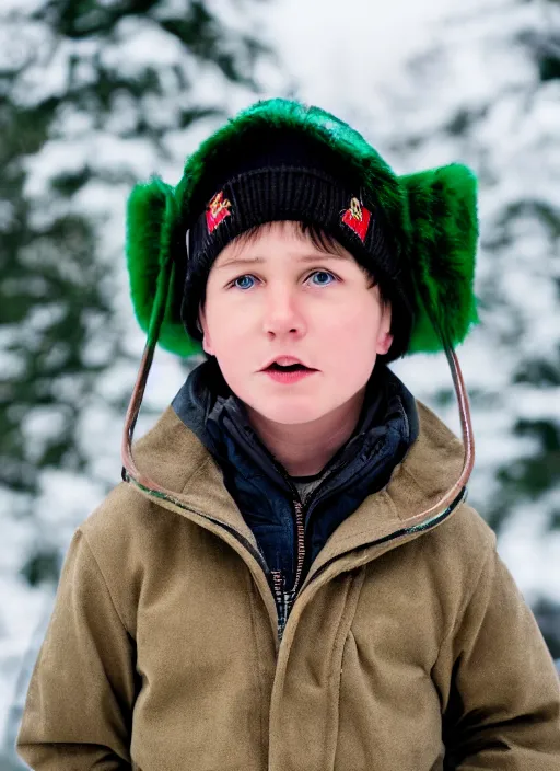 Image similar to portrait photo still of real life young stan marsh wearing a green trapper hat, 8 k, 8 5 mm, f. 1 4