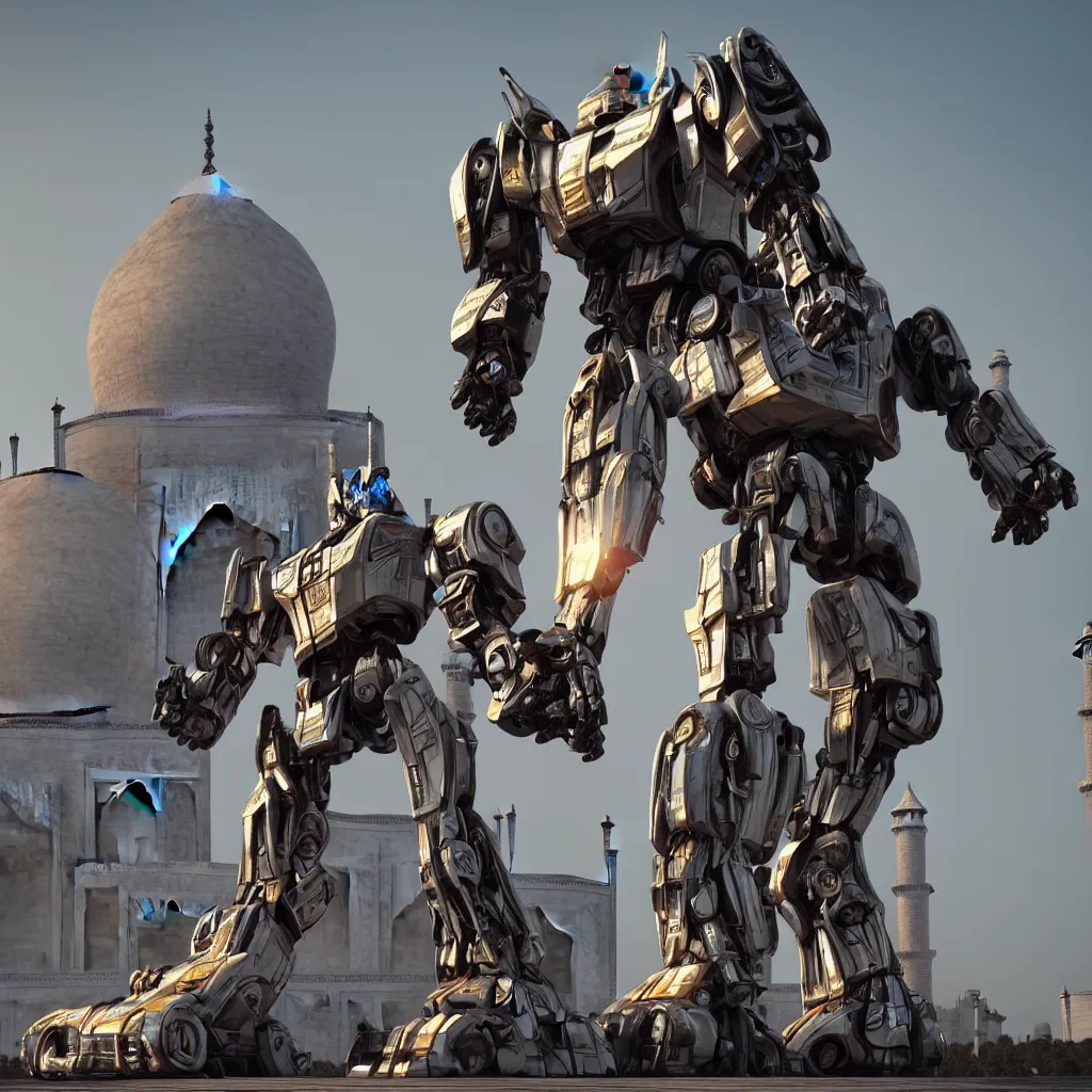 Image similar to transformers robot standing near taj mahal, octane render, volumetric lighting, art by furio tedeschi, hyper detailed