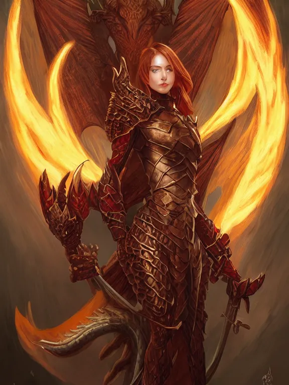 Prompt: full body portrait of dragon master lady, human, pretty face, taned skin, red eyes, wild ginger hair, draconic looking brass armor, symmetric wings, firebreathing, high fantasy, dnd, highly detailed, smooth, sharp focus, illustration, by artgerm, greg rutkowski, alphonse mucha