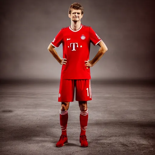 Image similar to thomas muller standing while posing for a photo, award winning photography, hdr, studio lighting, dynamic pose, medium close shot, shot on canon eos r 5, f / 2. 5,