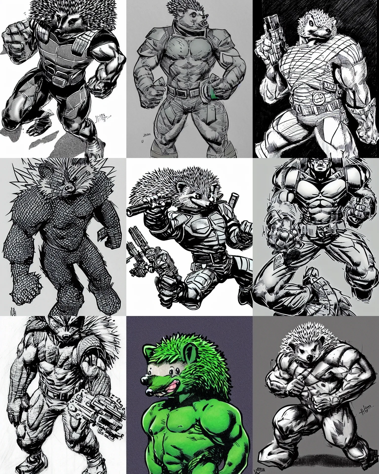 Prompt: hedgehog!!! jim lee!!! medium shot!! flat ink sketch by jim lee close up in the style of jim lee, winning pose swat soldier armor hulk hedgehog animal by jim lee