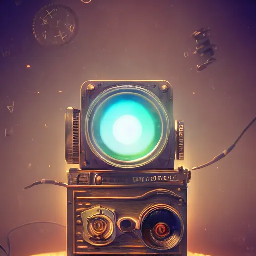 Prompt: cardboard camera, steampunk, extreme closeup, center frame, symmetric, rim light, bioluminescence, electric, soft, concept art, intricate details, highly detailed, colorful, photorealistic, disney pixar, octane render, iridescent, anime, 8 k