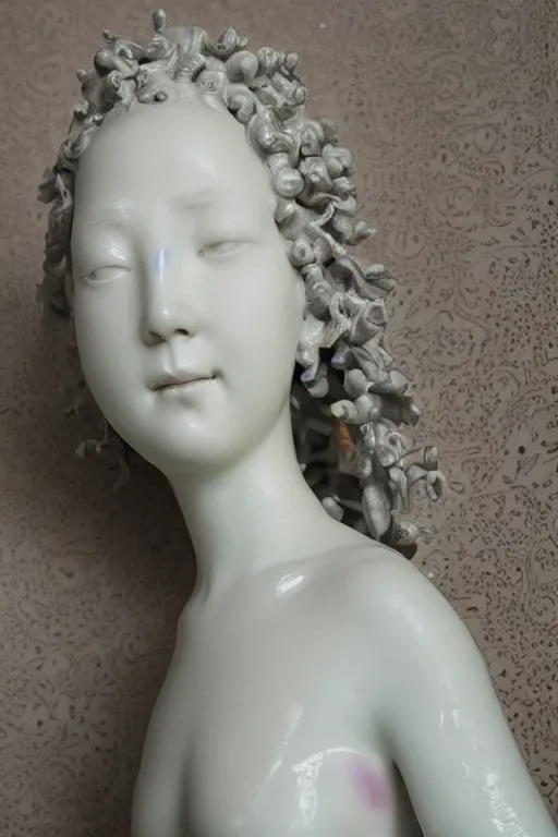 Image similar to full head and shoulders, beautiful female porcelain sculpture, smooth, painted willow tea cup features, delicate facial features, white eyes, white lashes, giant sculpture in ornate french ballroom, by daniel arsham and jeff moons