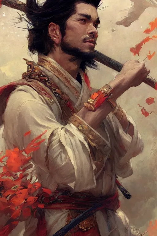 Image similar to attractive man, wuxia, colorful, painting by gaston bussiere, craig mullins, greg rutkowski, j. c. leyendecker