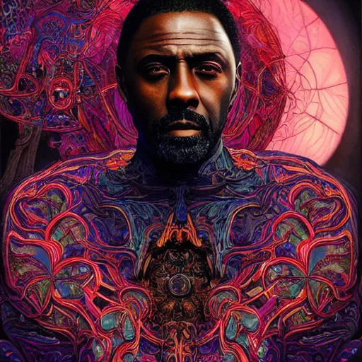 Image similar to portrait of idris elba, hyper detailed masterpiece, neon floral pattern, jean giraud, digital art painting, darkwave goth aesthetic, psychedelic, artgerm, donato giancola and tom bagshaw