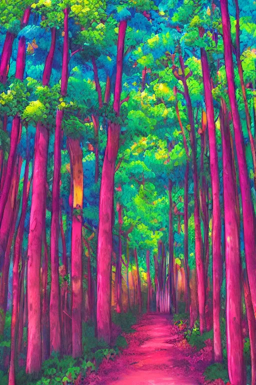 Image similar to a detailed painting in the style of anime of a colorful forest