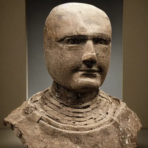 Image similar to an extremely ancient ironman bust that is tarnished and covered in sediment from uncovered earth expedition, rare photograph, smithsonian,