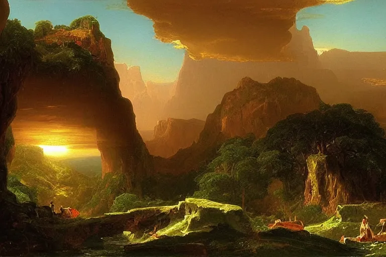 Image similar to there is another world very close to ours that we don't perceive directly, but they do interact sometimes. painting by thomas cole ( 1 8 3 3 )