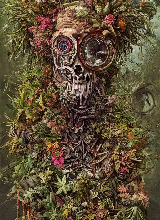 Prompt: a hyper detailed fine painting of a cyborg hybrof monster made of woods herbs flowers and plants, horror surrealism