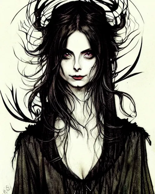 Prompt: style of arthur rackham, artgerm : : gorgeous willa holland : : evil witch, swirling black magic, black dress : : symmetrical face, symmetrical eyes : : full body pose : : gorgeous black hair : : magic lighting, low spacial lighting : :