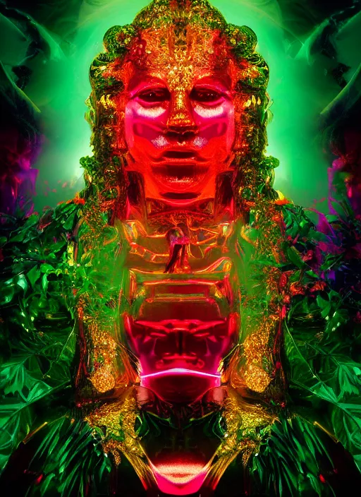 Image similar to photo of baroque and bladerunner delicate neon ruby sculpture of seductive ceramic albino king william levy tigers orange iridescent humanoid deity wearing metallic green hoody made out of leaves holding the sun in a reflective prismatic dungeon, reclining, glowing rainbow face, crown of white diamonds, cinematic lighting, photorealistic, octane render 8 k depth of field 3 d