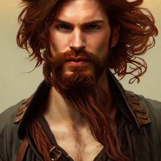 Image similar to portrait of a young ruggedly handsome but easygoing pirate, male, masculine, upper body, red hair, long hair, d & d, fantasy, intricate, elegant, highly detailed, digital painting, artstation, concept art, matte, sharp focus, illustration, art by artgerm and greg rutkowski and alphonse mucha