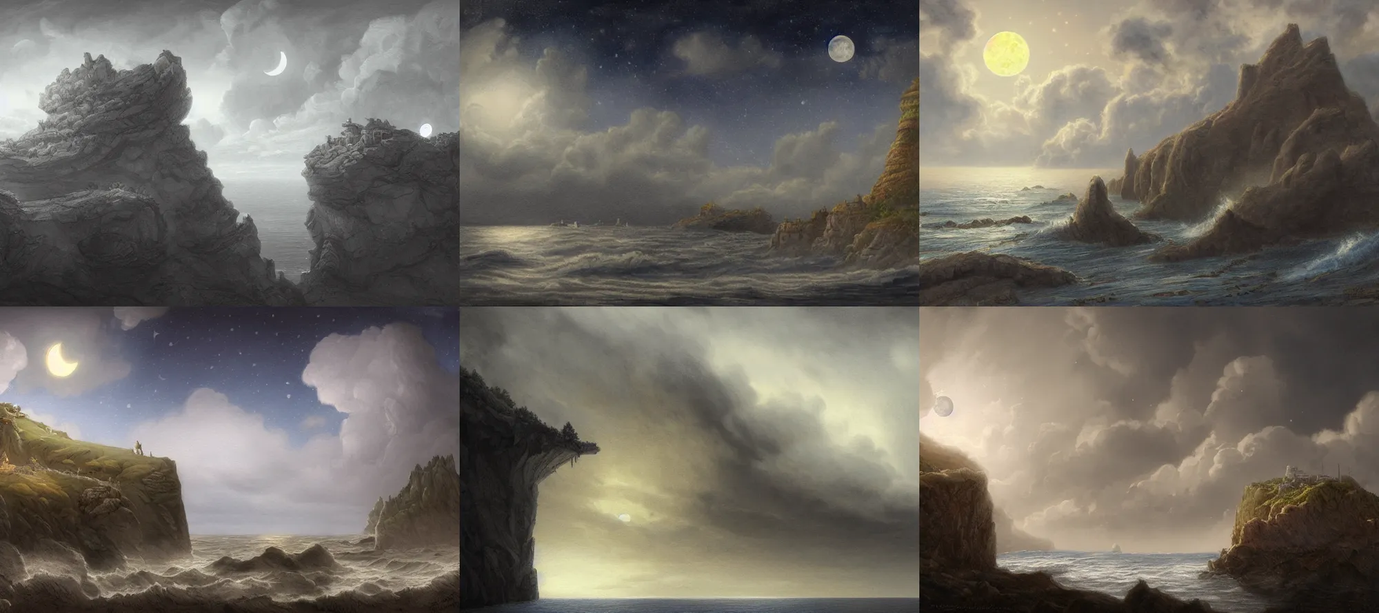 Prompt: a landscape painting with cliffs overlooking the sea, clouds concealing the moon and stars at night by justin gerard, highly detailed, traditional pencil drawing on strathmore bristol with digital color, artstation hd