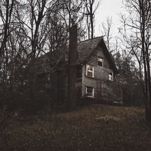 Image similar to creepy building with in a dark forest at midnight