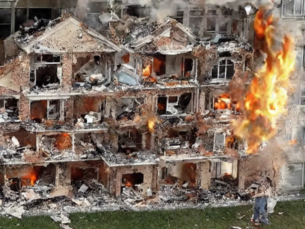 Image similar to a dollhouse exploding, news footage