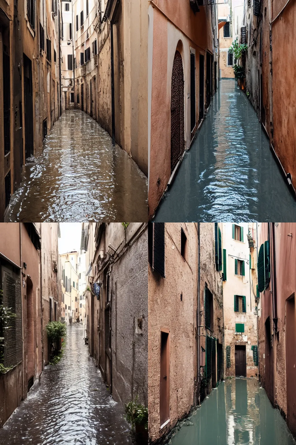 Prompt: photo of a secluded cozy alleyway in Rome, Italy, puddles on the ground, award-winning magazine photography