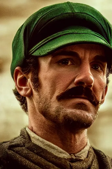 Image similar to very very intricate photorealistic photo of a realistic human version of luigi wearing his hat in an episode of game of thrones, photo is in focus with detailed atmospheric lighting, award - winning details