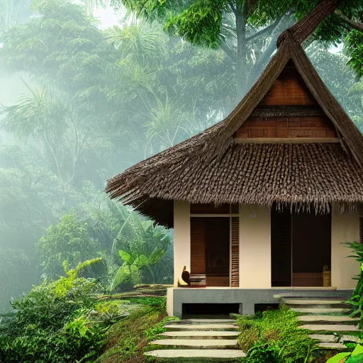 Image similar to a beautiful 3d renderings of a little house in the jungle, Balinese architecture by SOM Architect, Studio Ghibli,. Architectural photography, 14mm, cinematic photography, high resolution 4k, cg architects, vray